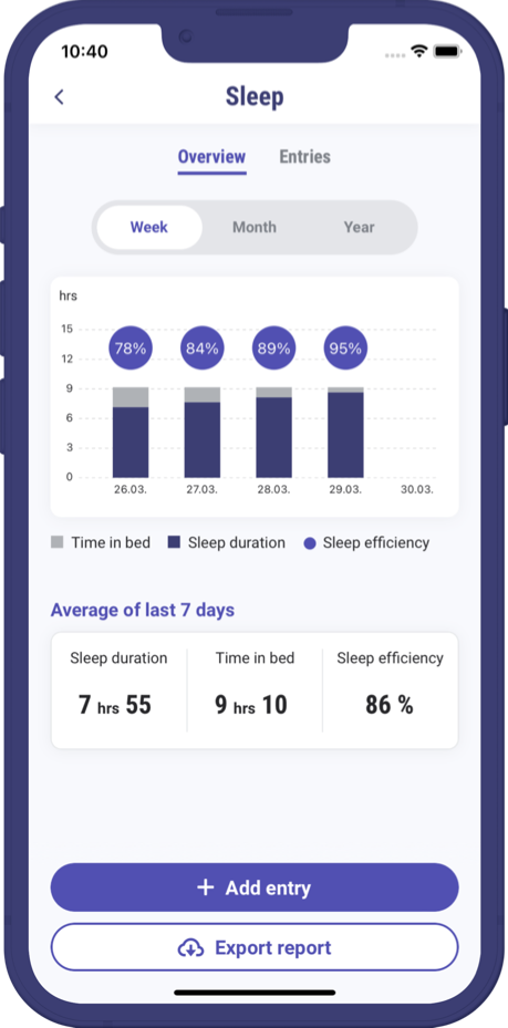 Display of the sleep diary within the app.